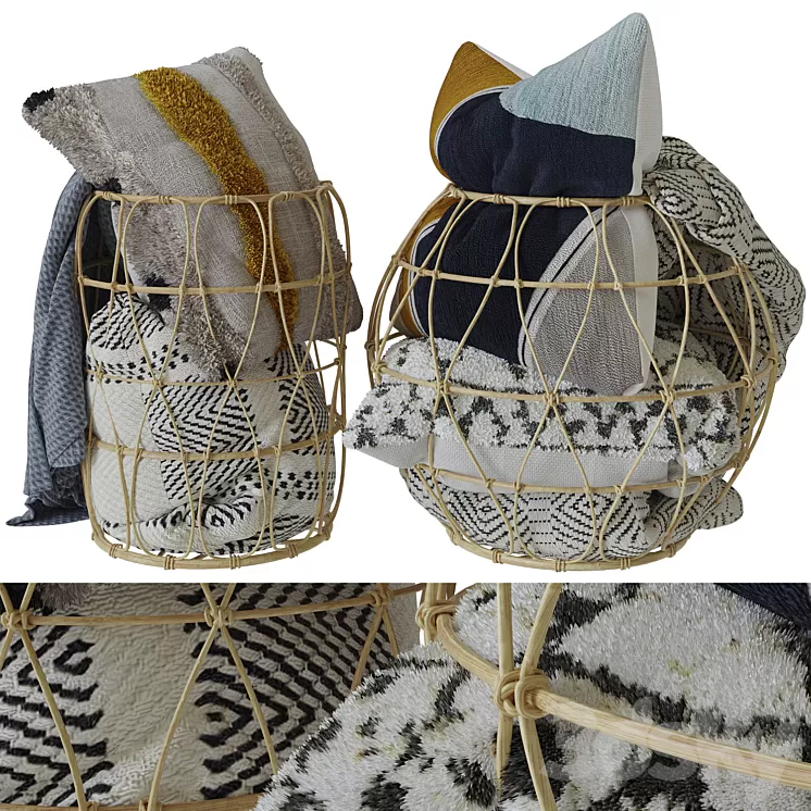 Bamboo basket with decorative pillows and a blanket 3D Model Bamboo basket with decorative pillows and a blanket 3D Model