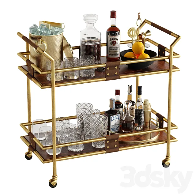 Bar cart set 4 gold 3D Model