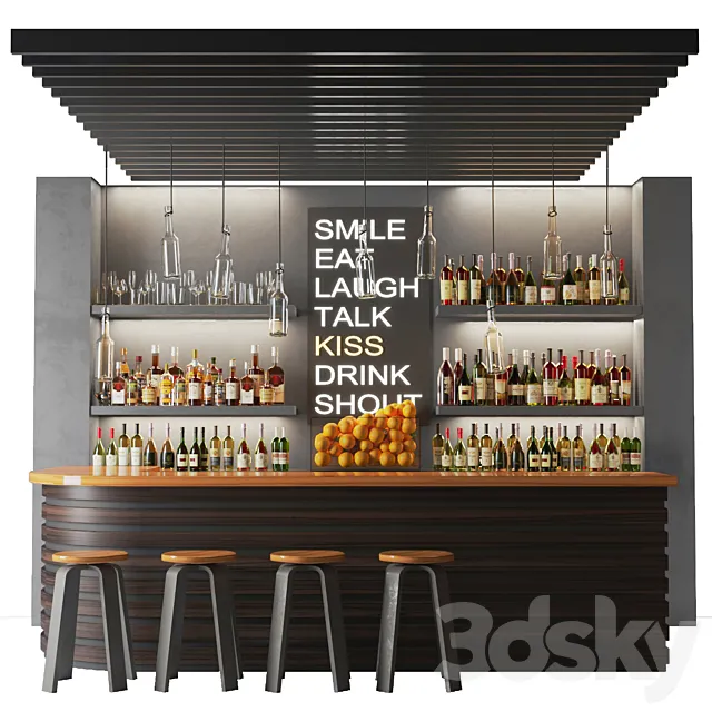 Bar counter in a restaurant with collection alcohol. Bar 3DModel