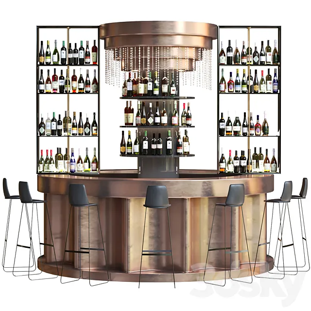 Bar counter with copper decor and strong alcohol. The pub 3D Model