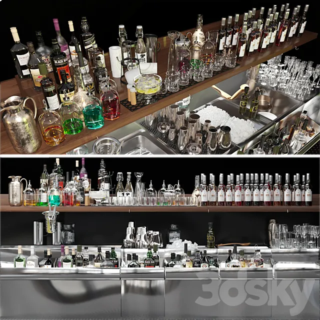 Bar counter with elite alcohol and cocktails. The pub 3DModel