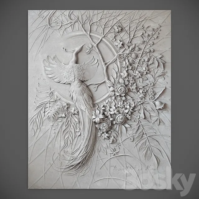 Bas-relief panel with a peacock 3D Model