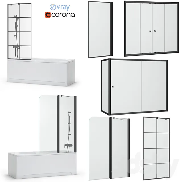 Bath screens and bathtubs Radaway and Ravak set 134 3D Model