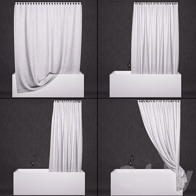 Bathroom curtains + bathtub + faucet 3D Model
