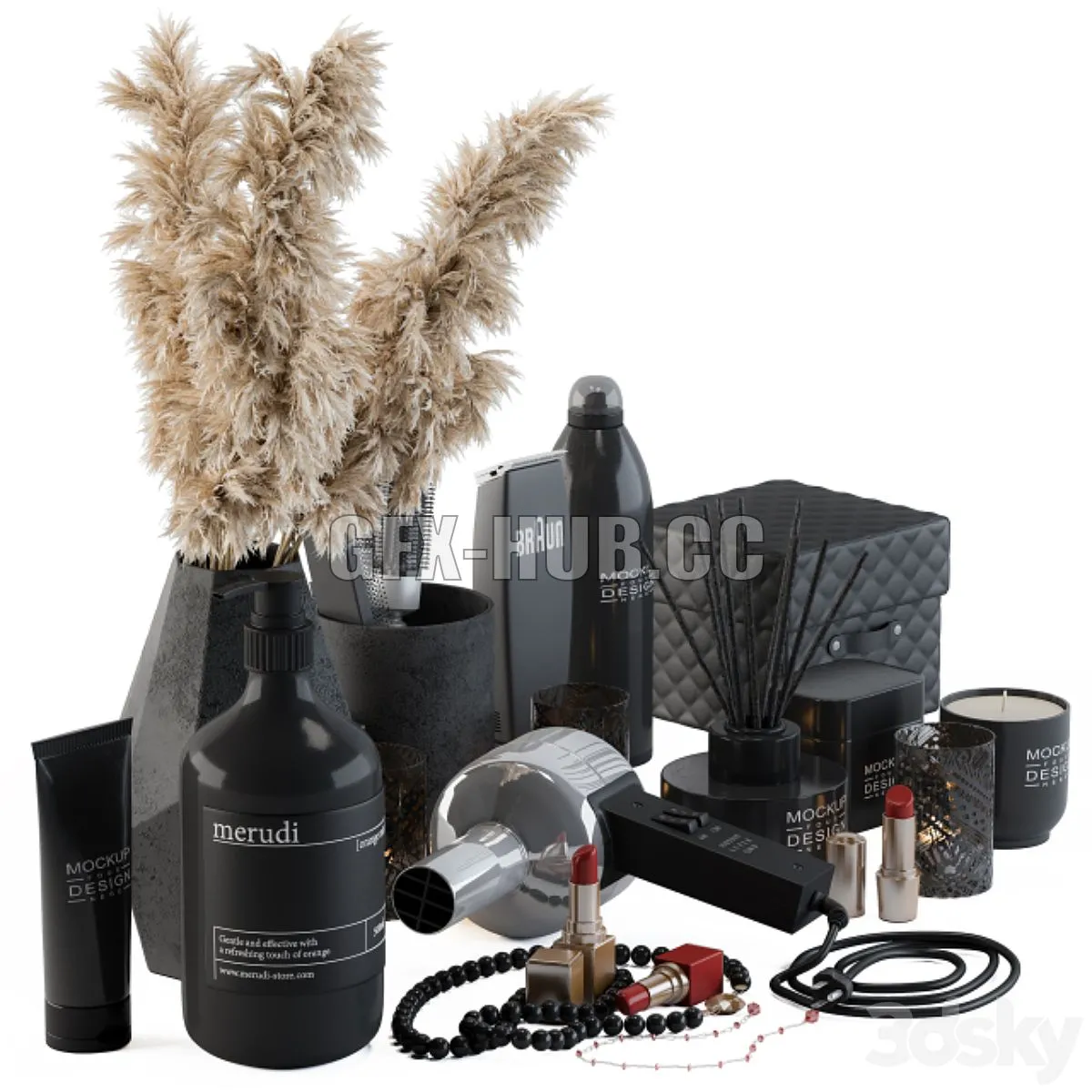 Bathroom Decor Set 05 – Black Set with pampas Plant 3D Model