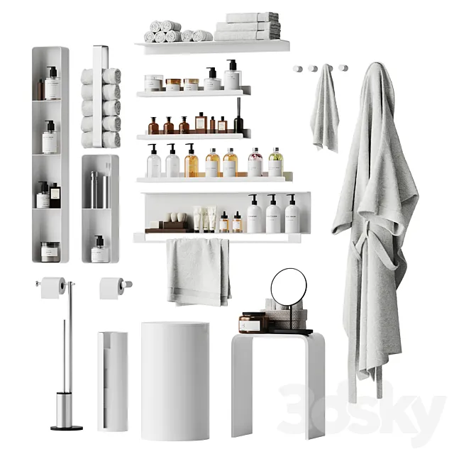 Bathroom decor with a set of different cosmetic products 3D Model