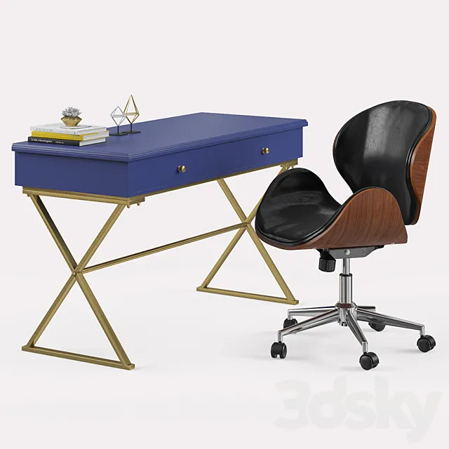 Baxton Studio Bruce Modern Office Chair with Linon Campaign Desk 3D Model