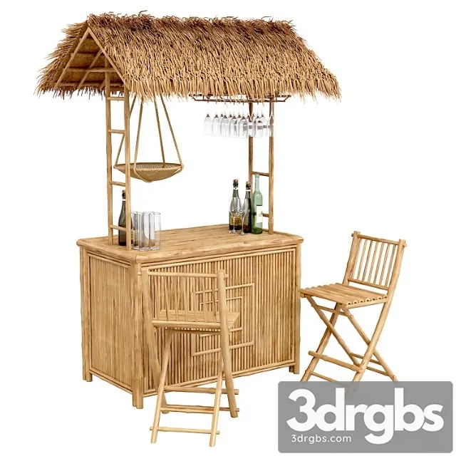 Beach Bamboo Bar with Bottles and Glasses 3D Model Download
