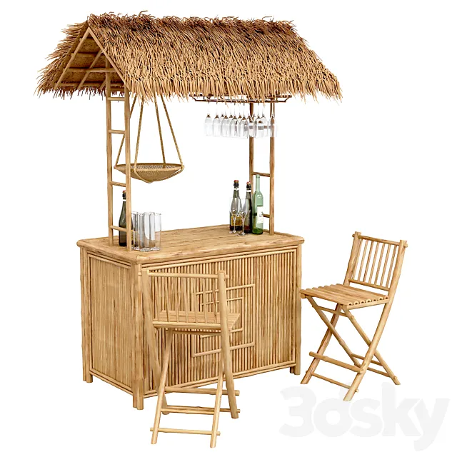 Beach Bamboo Bar with bottles and glasses 3D Model