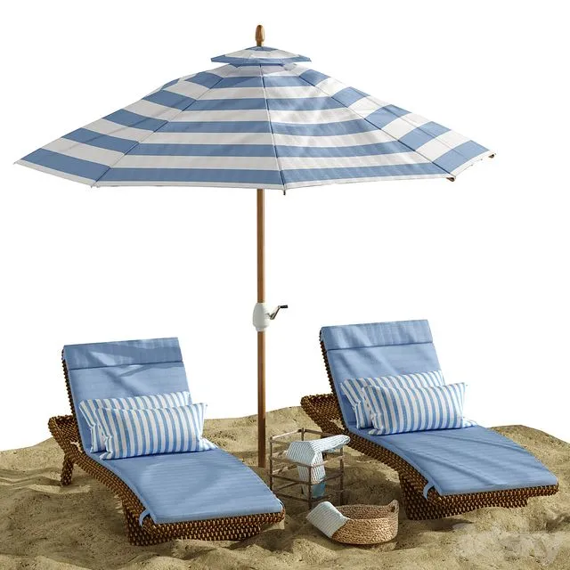 Beach umbrella and chaise longue set 2 3D Model Beach umbrella and chaise longue set 2 3D Model