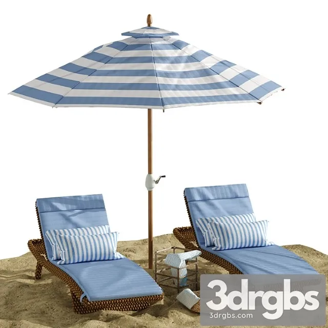 Beach umbrella and chaise longue set 2 3D Model Download