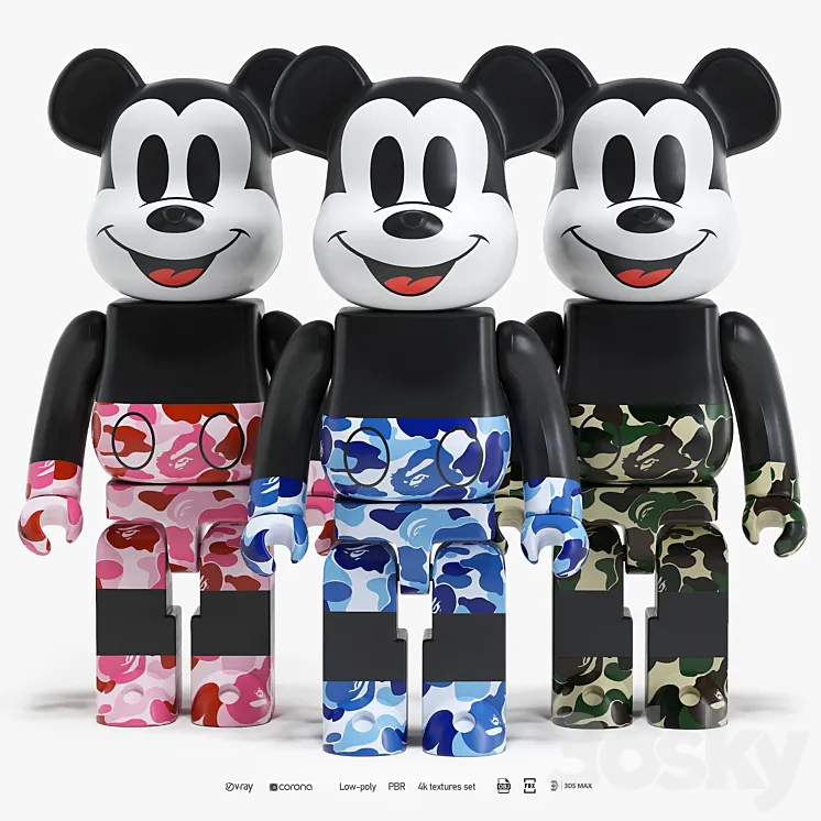 Bearbrick \/ Bape ABC Camo \/ Mickey Mouse 3D Model Free Download