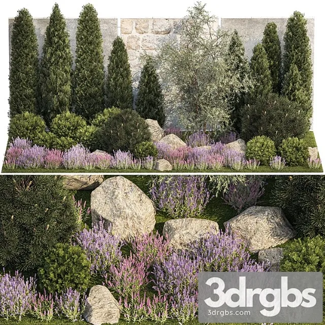 Beautiful Garden with Arborvitae and Landscaping with Pine Cypress Topiary Boulder Stones Flowers and Lavender Sage Bushes 1265 3D Model Download