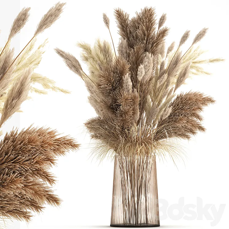 Beautiful lush bouquet of dried flowers in a vase with dry branches of pampas Cortaderia white reeds. 146. 3D Model Free Download