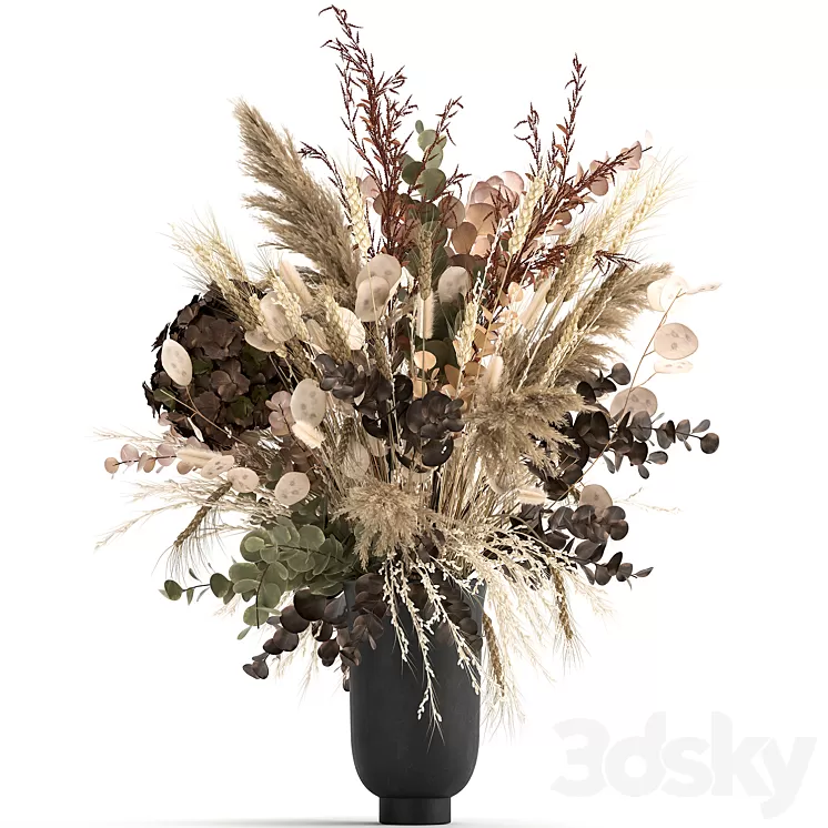 Beautiful lush bouquet of dried flowers in a vase with hydrangea pampas Lunnik spikelet Barberry. 173 3D Model Free Download