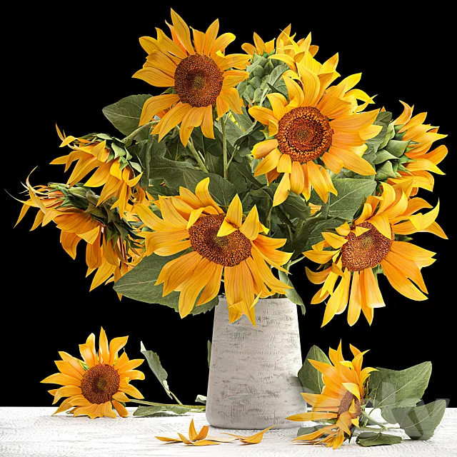 Beautiful lush bouquet of yellow flowers in a vase with Sunflower Sunflower. 118 3D Model Beautiful lush bouquet of yellow flowers in a vase with Sunflower Sunflower. 118 3D Model