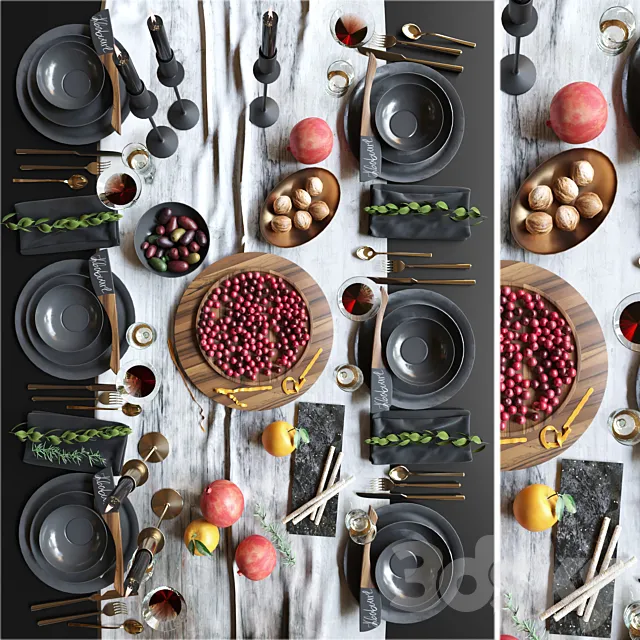 Beautiful table setting with black dishes with fruits. nuts and candlesticks. Service 3DModel