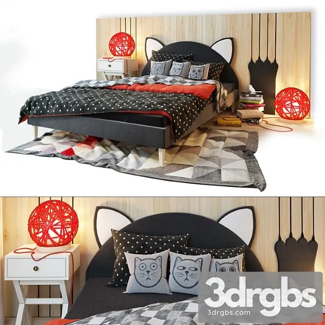 Bed and Wooden Panel Kitten Laska Family 3D Model Download