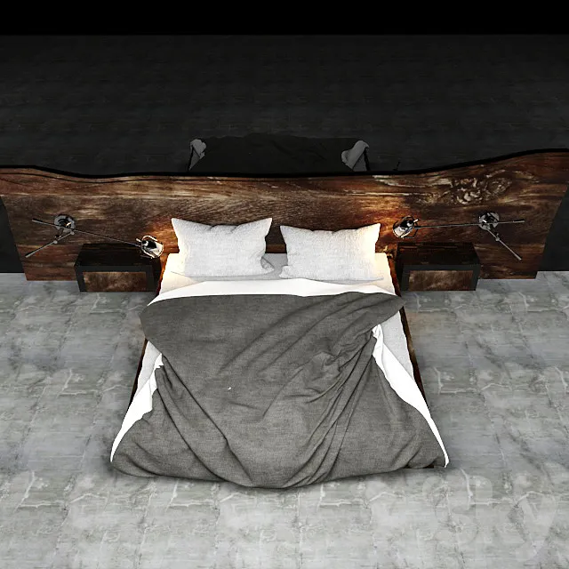Bed with wooden headboard 3DModel
