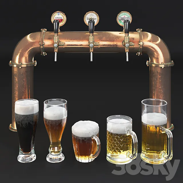 Beer tower & beer mugs 3D Model