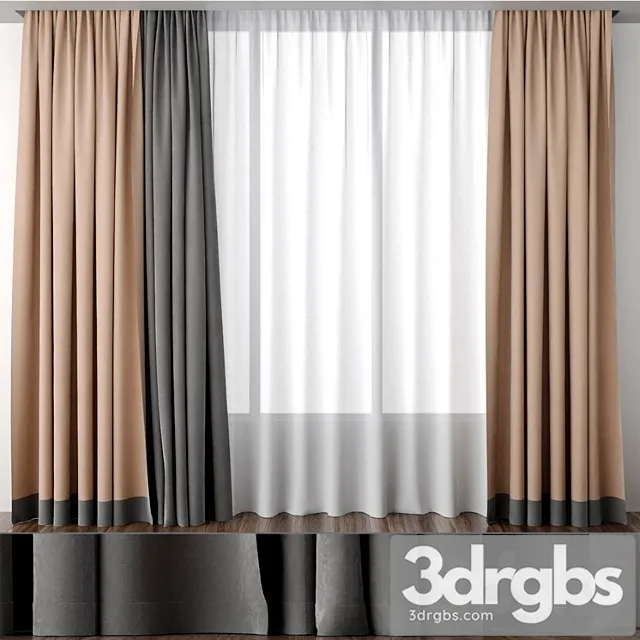 Beige Curtains With Stripe at Bottom 3D Model Download