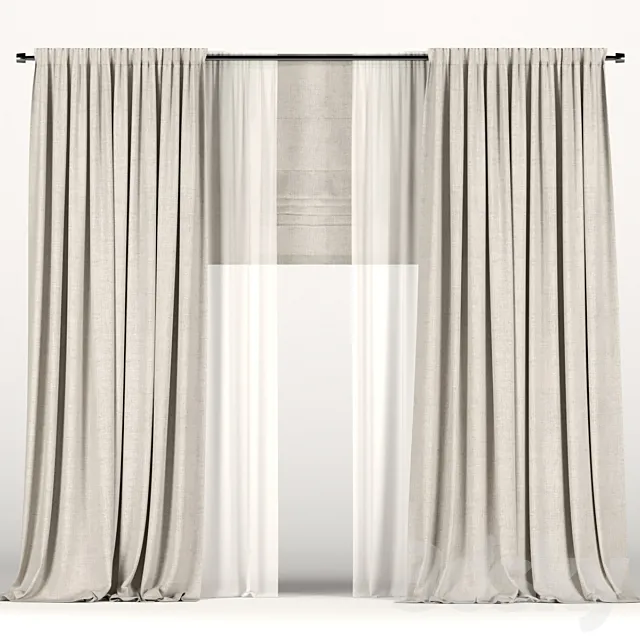 Beige curtains with tulle and a roman curtain 3D Model Beige curtains with tulle and a roman curtain 3D Model