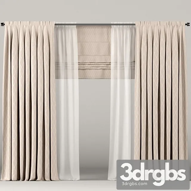 Beige curtains with tulle and roman blinds. 3D Model Download
