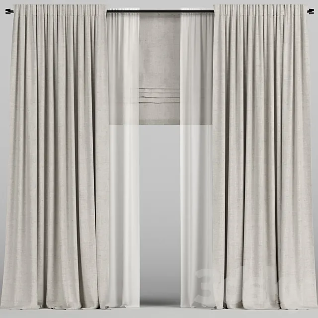 Beige curtains with tulle and roman blinds. 3DModel Beige curtains with tulle and roman blinds. 3DModel