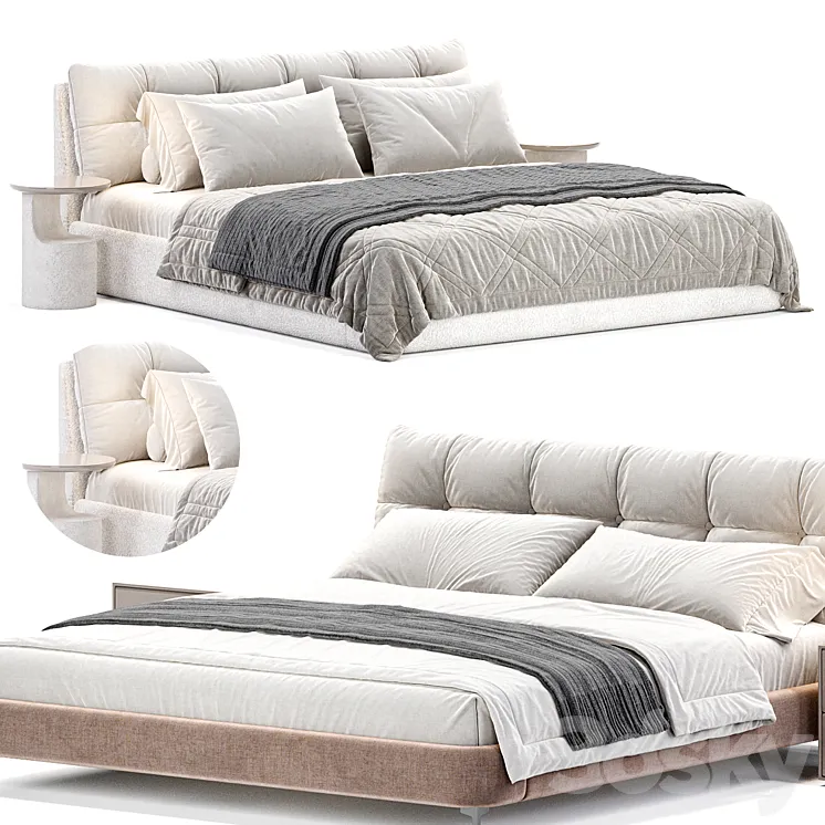 Beige Upholstered Panel Modern Bed 3D Model Free Download