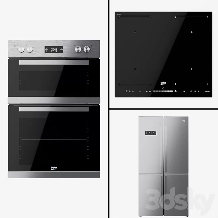 Beko – a double oven BDQF22300 a refrigerator GN1416221Z and a hob HQI64501FHT. 3D Model