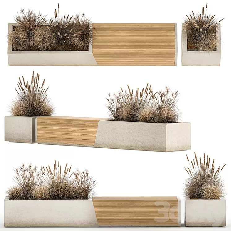 Bench flowerbed for the urban environment in a concrete flowerpot with bushes of reeds and dried flowers dry grass. 1142. 3D Model Free Download