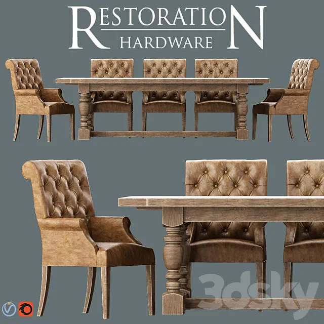 Bennett Roll-Back Armchair _ 1930s French Farmhouse Rectangular Dining Table 3D Model