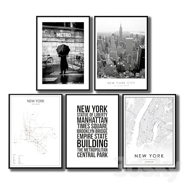 Black and white posters about the city of New York. 3D Model Black and white posters about the city of New York. 3D Model