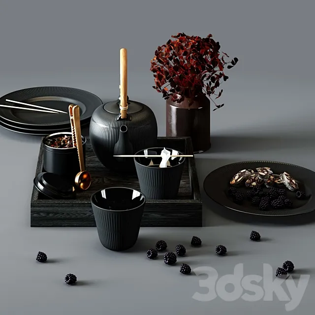 BLACK FLUTED set – thermal teapot. plates and cups 3DModel