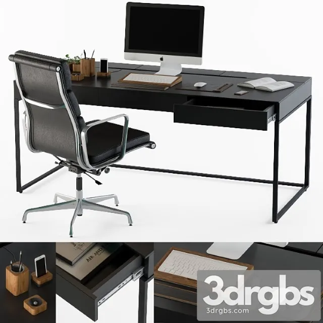 Black office desk set 2 3D Model Download