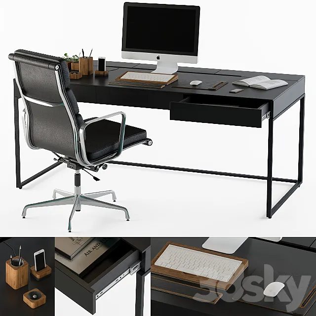 black office desk set 3D Model