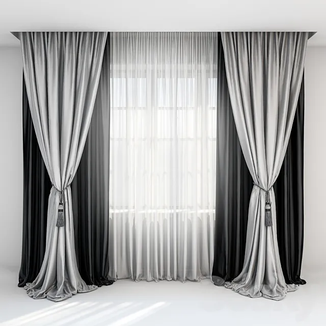 Black satin curtains with pick-up brush. gray curtains in the floor and tulle 3DModel Black satin curtains with pick-up brush. gray curtains in the floor and tulle 3DModel