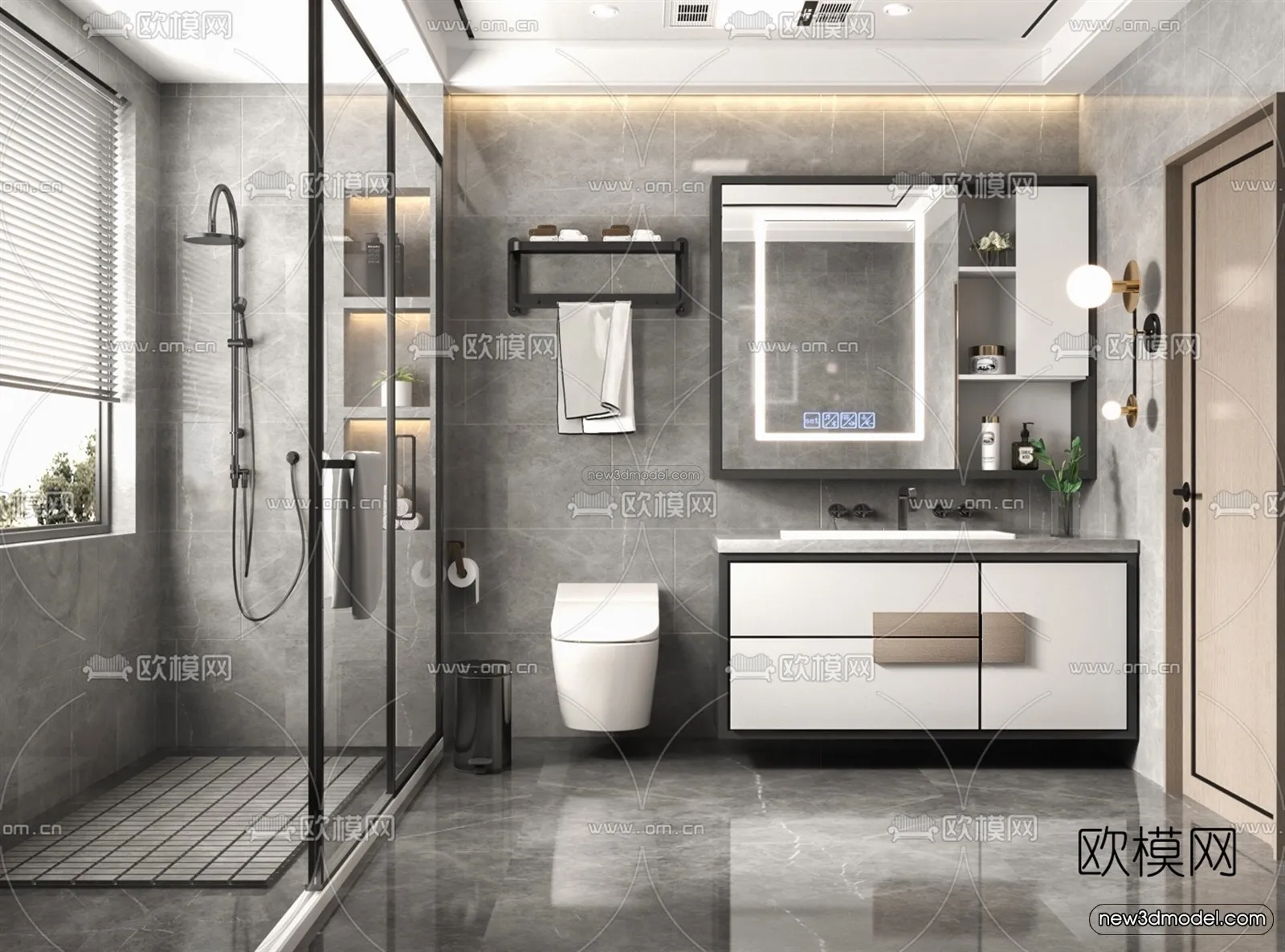 Black – White – Gray Colors Interior 3D Blocks – Bathroom 3D Scene – 248 – VRAY