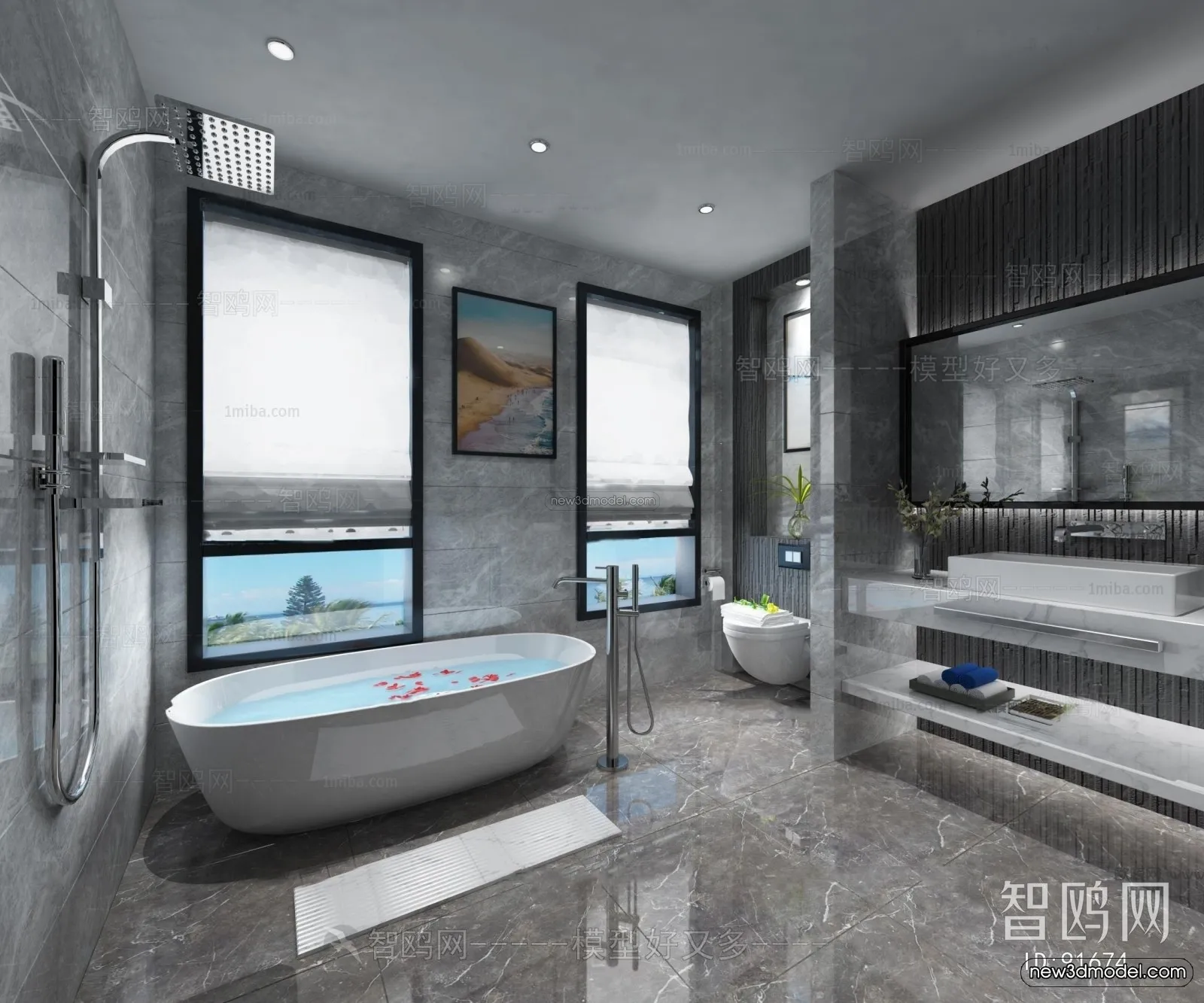 Black – White – Gray Colors Interior 3D Blocks – Bathroom 3D Scene – 249 – VRAY