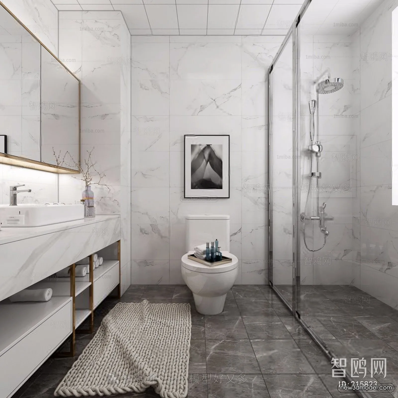 Black – White – Gray Colors Interior 3D Blocks – Bathroom 3D Scene – 251 – VRAY