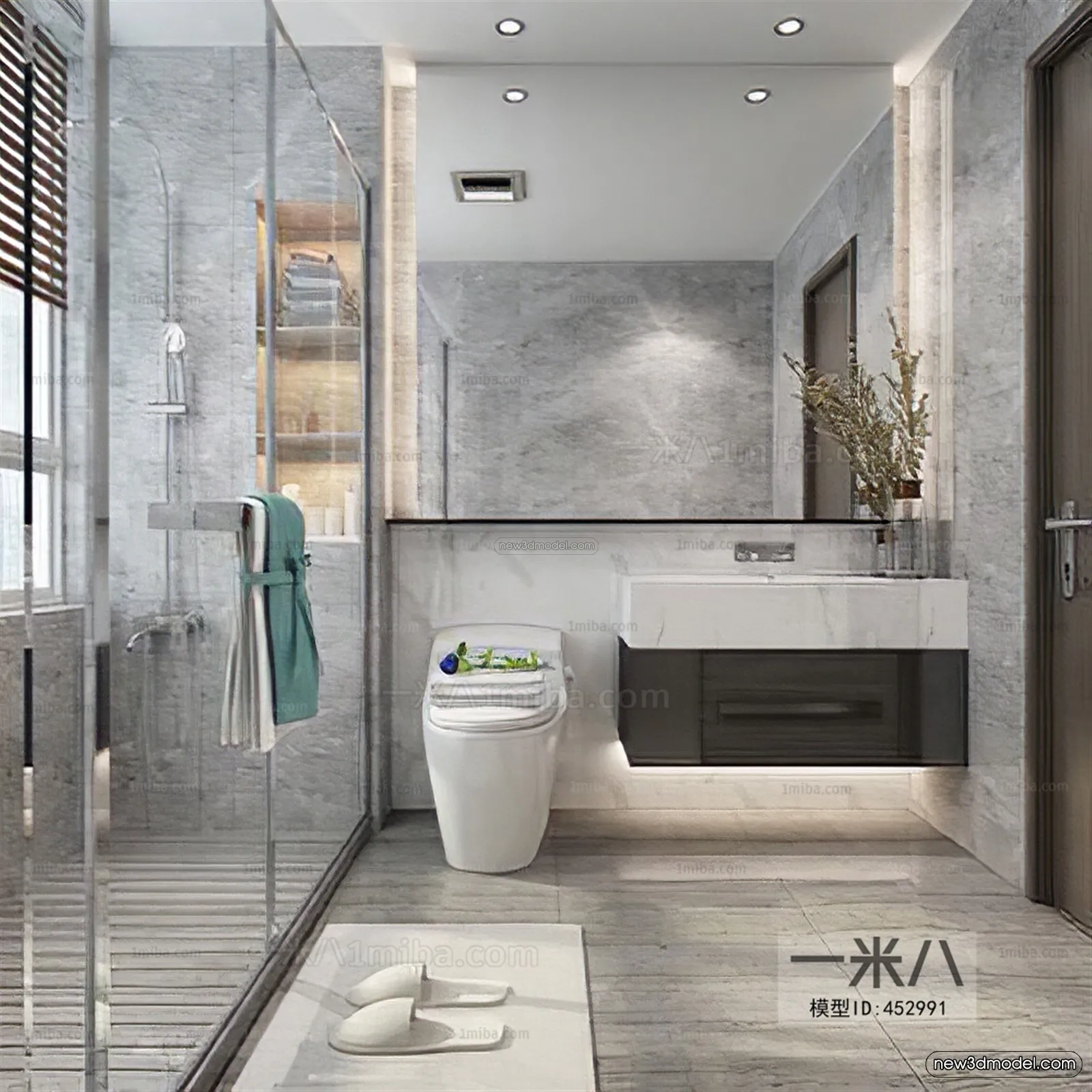 Black – White – Gray Colors Interior 3D Blocks – Bathroom 3D Scene – 253 – VRAY
