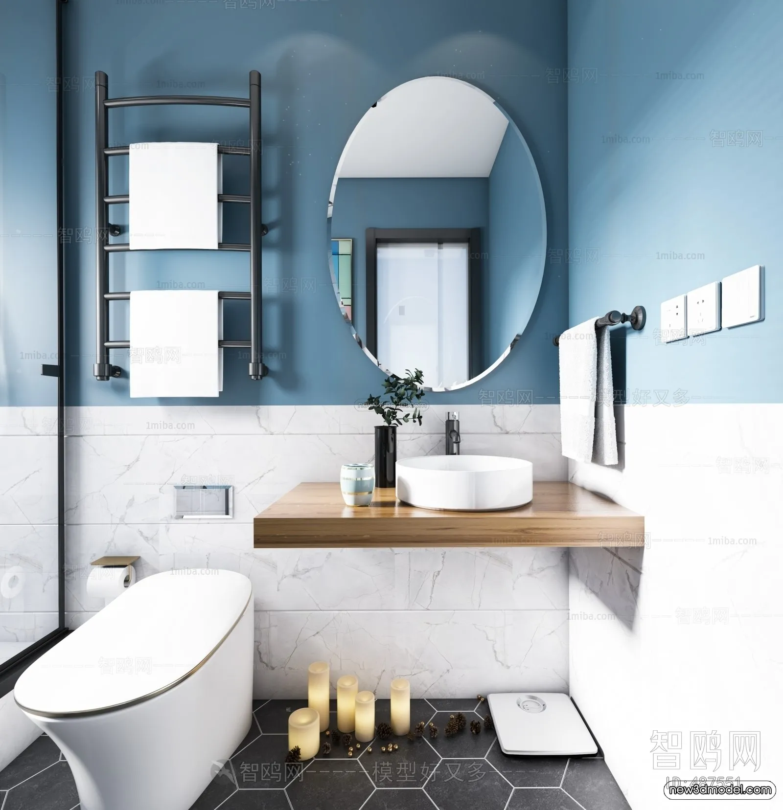 Black – White – Gray Colors Interior 3D Blocks – Bathroom 3D Scene – 254 – VRAY