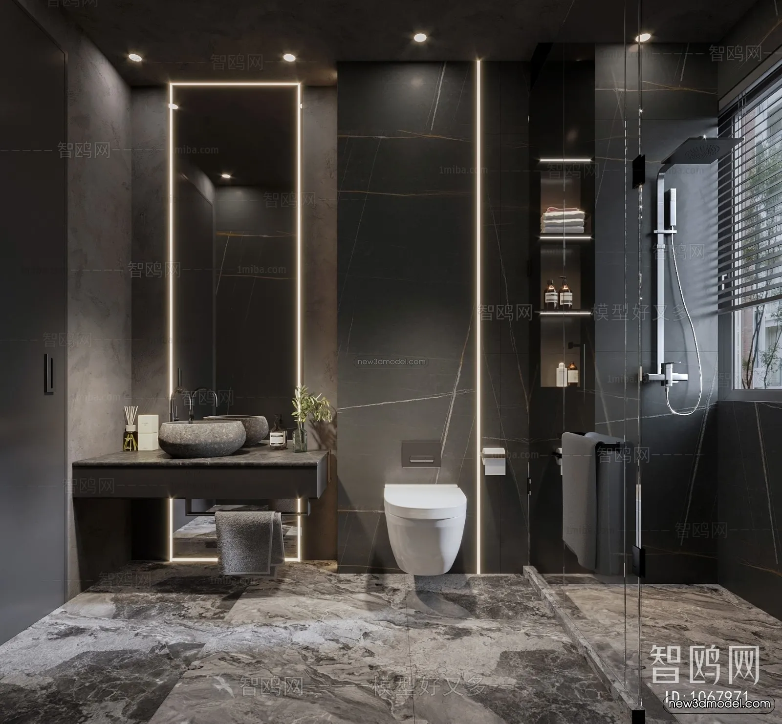 Black – White – Gray Colors Interior 3D Blocks – Bathroom 3D Scene – 256 – VRAY