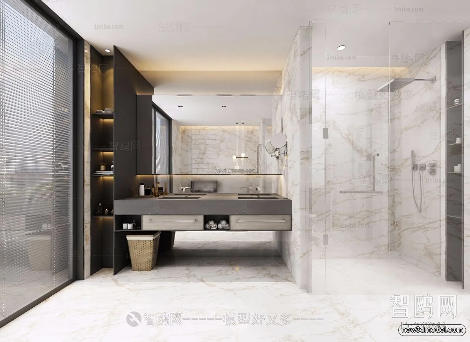 Black – White – Gray Colors Interior 3D Blocks – Bathroom 3D Scene – 258 – VRAY