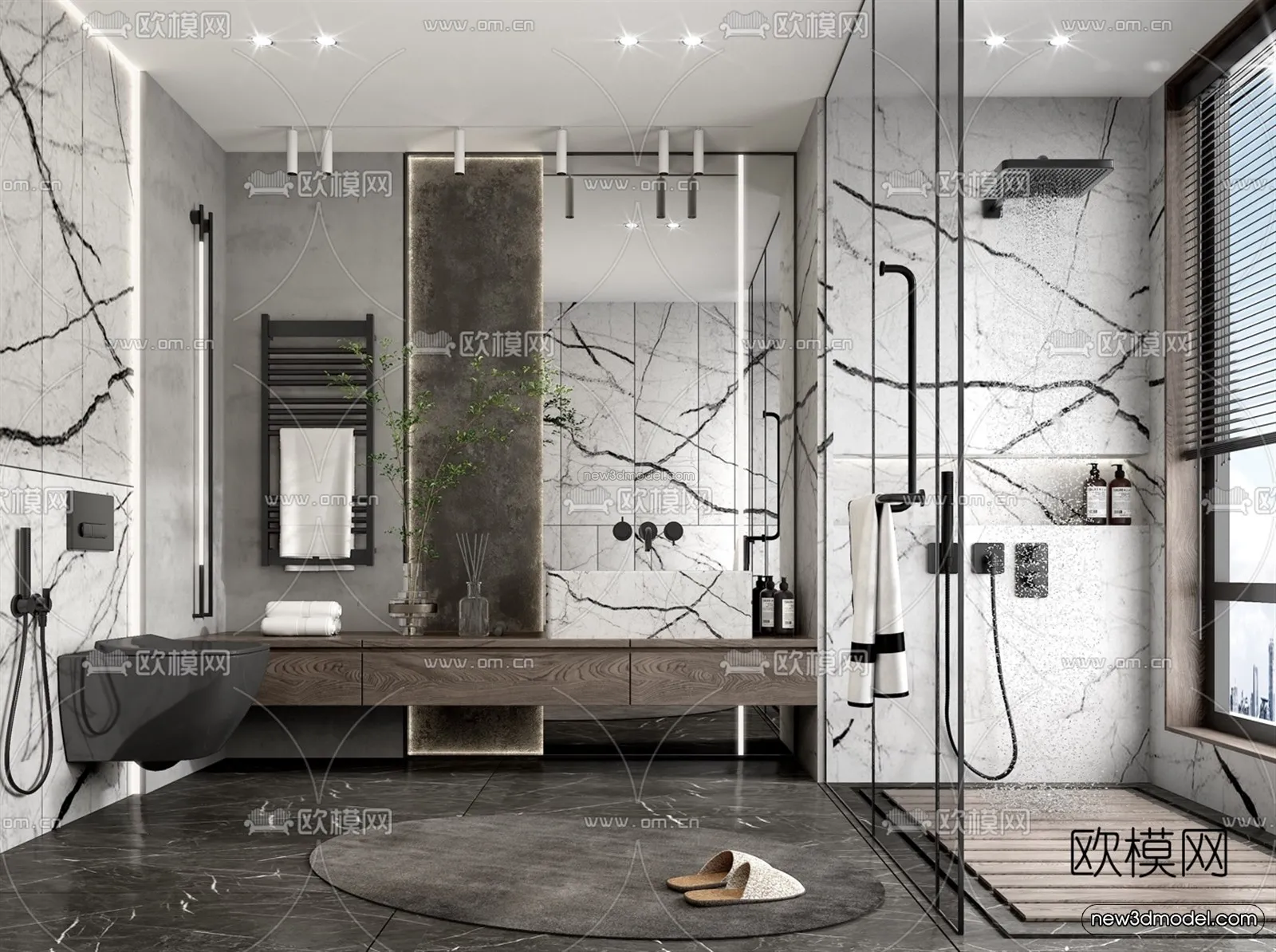 Black – White – Gray Colors Interior 3D Blocks – Bathroom 3D Scene – 259 – VRAY