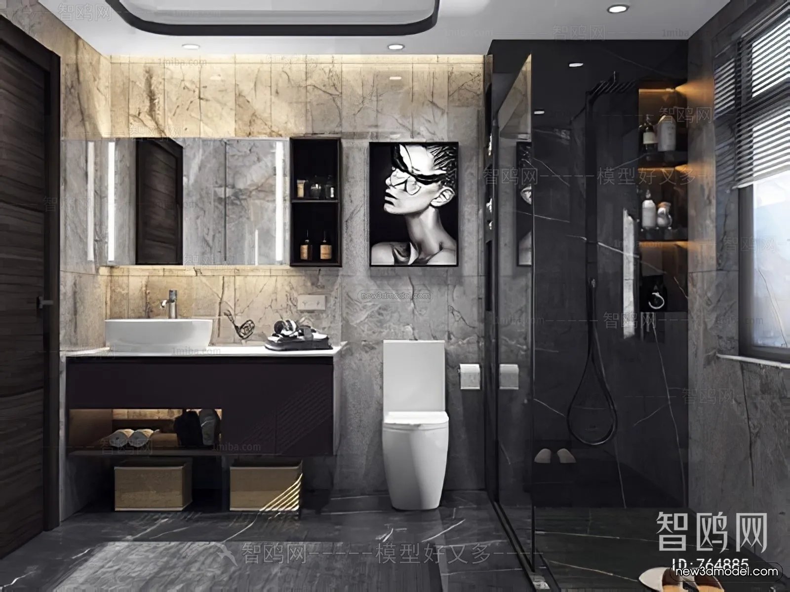 Black – White – Gray Colors Interior 3D Blocks – Bathroom 3D Scene – 260 – VRAY
