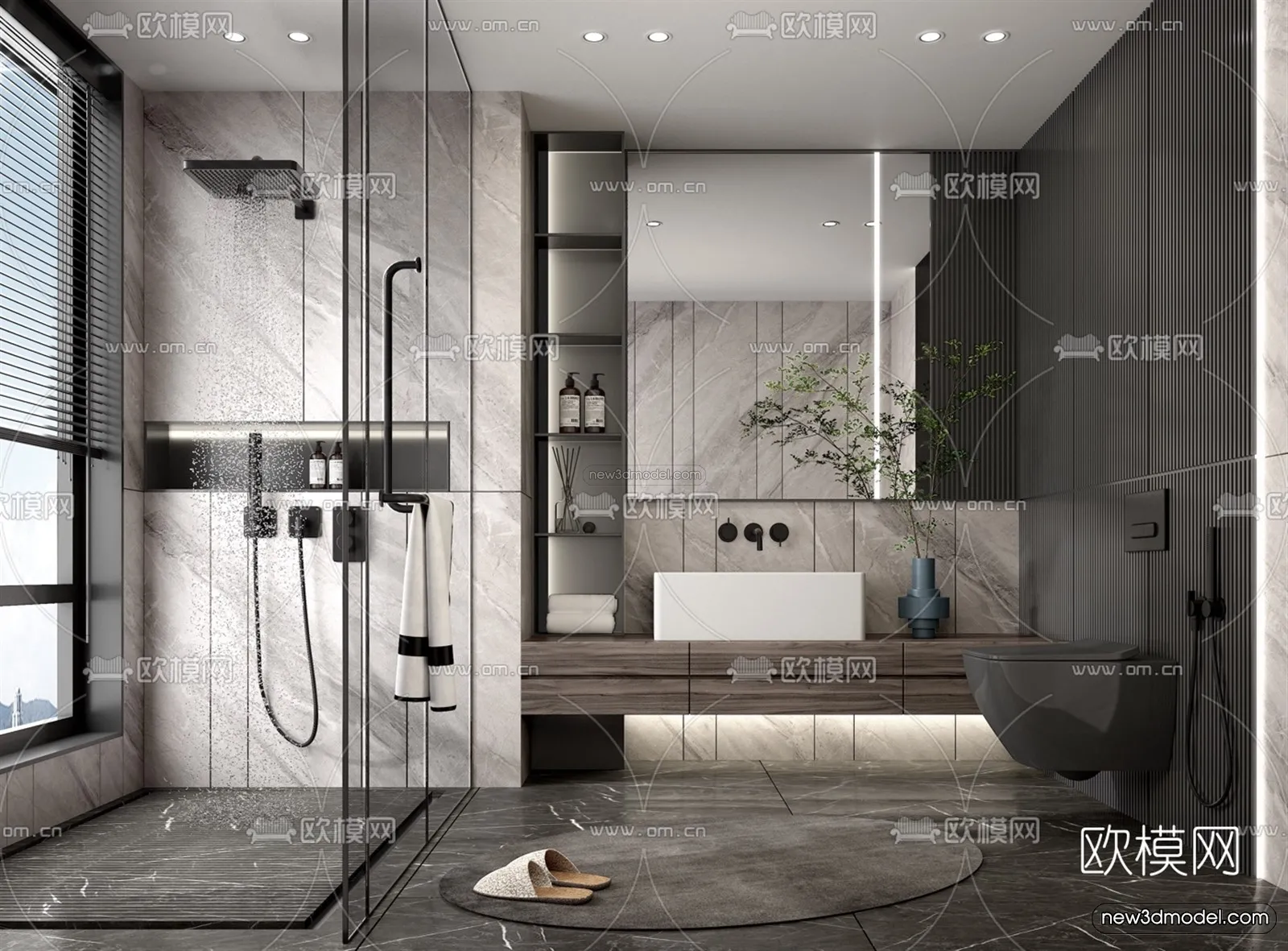 Black – White – Gray Colors Interior 3D Blocks – Bathroom 3D Scene – 262 – VRAY