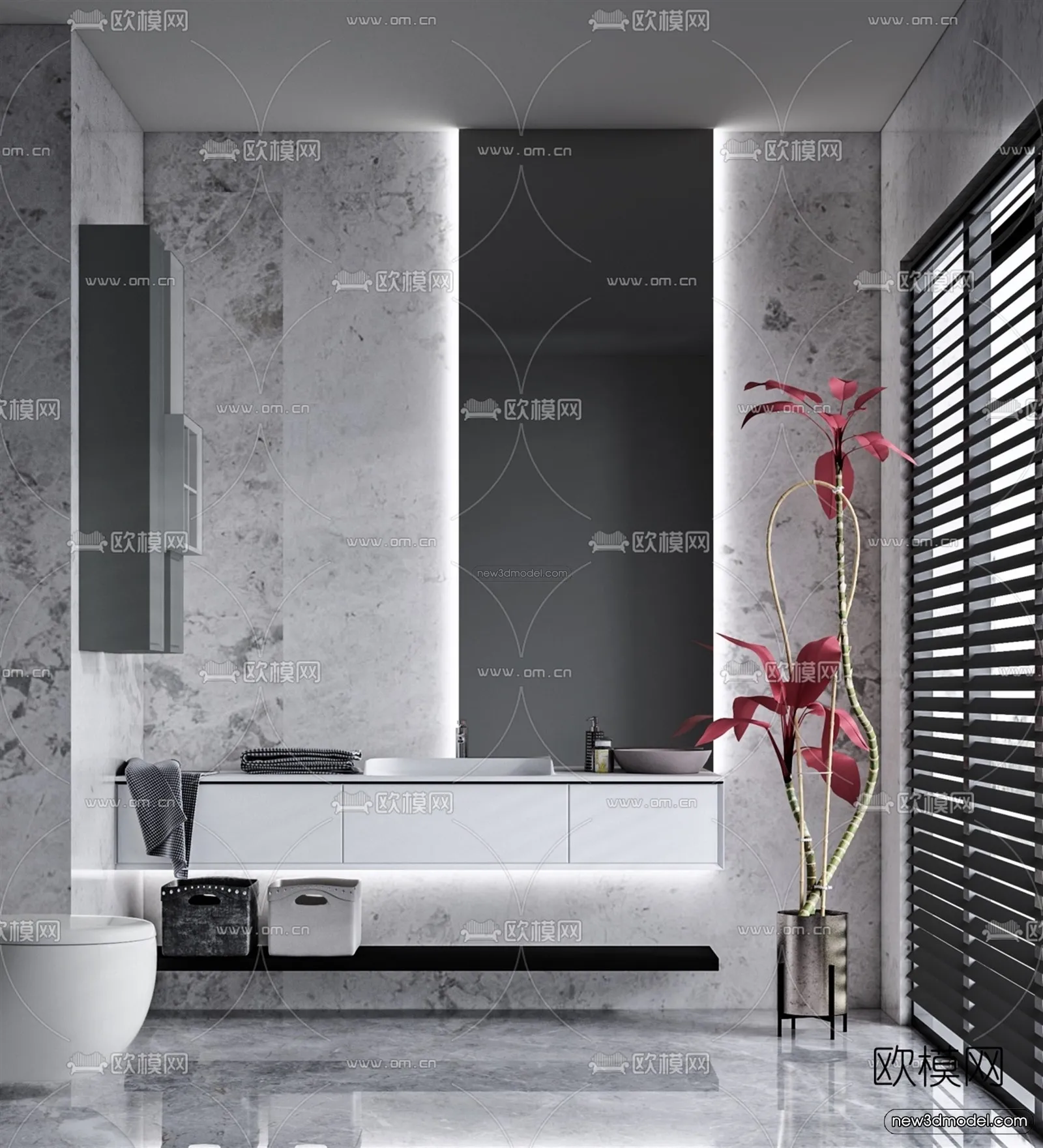 Black – White – Gray Colors Interior 3D Blocks – Bathroom 3D Scene – 266 – VRAY