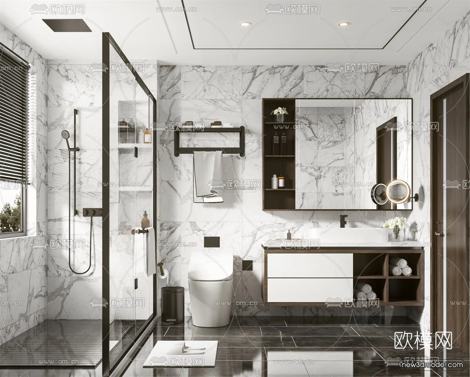 Black – White – Gray Colors Interior 3D Blocks – Bathroom 3D Scene – 267 – VRAY