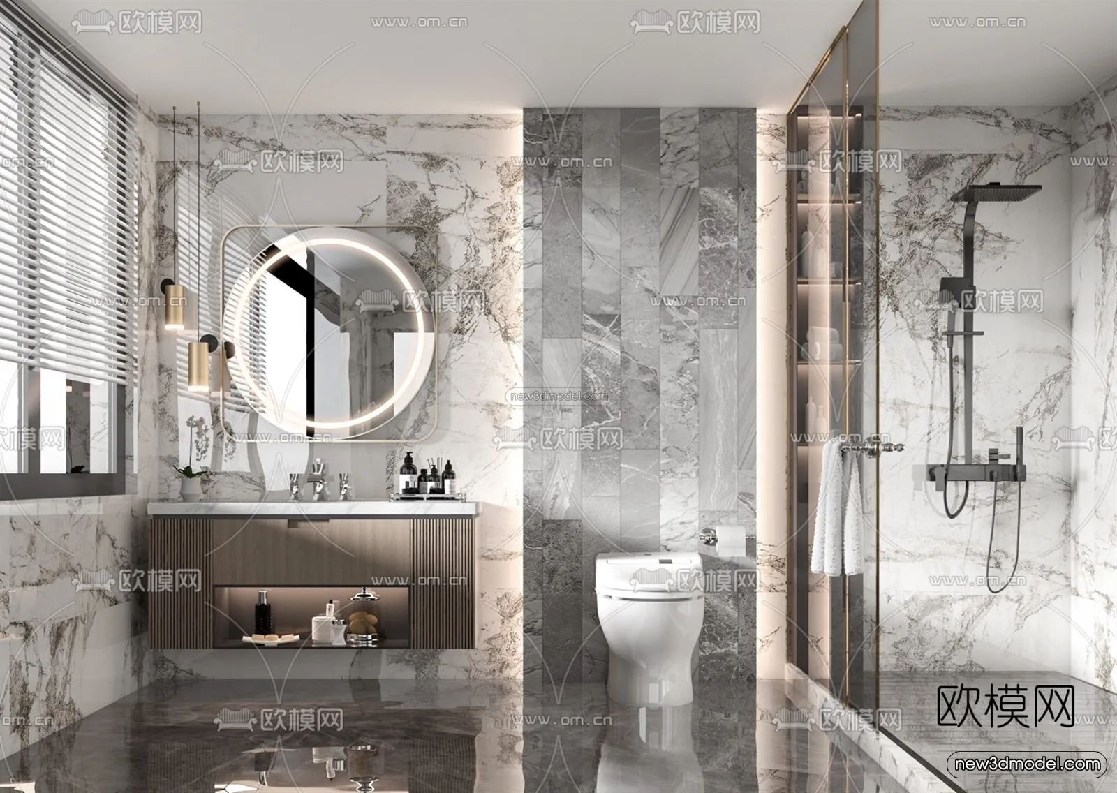 Black – White – Gray Colors Interior 3D Blocks – Bathroom 3D Scene – 268 – VRAY